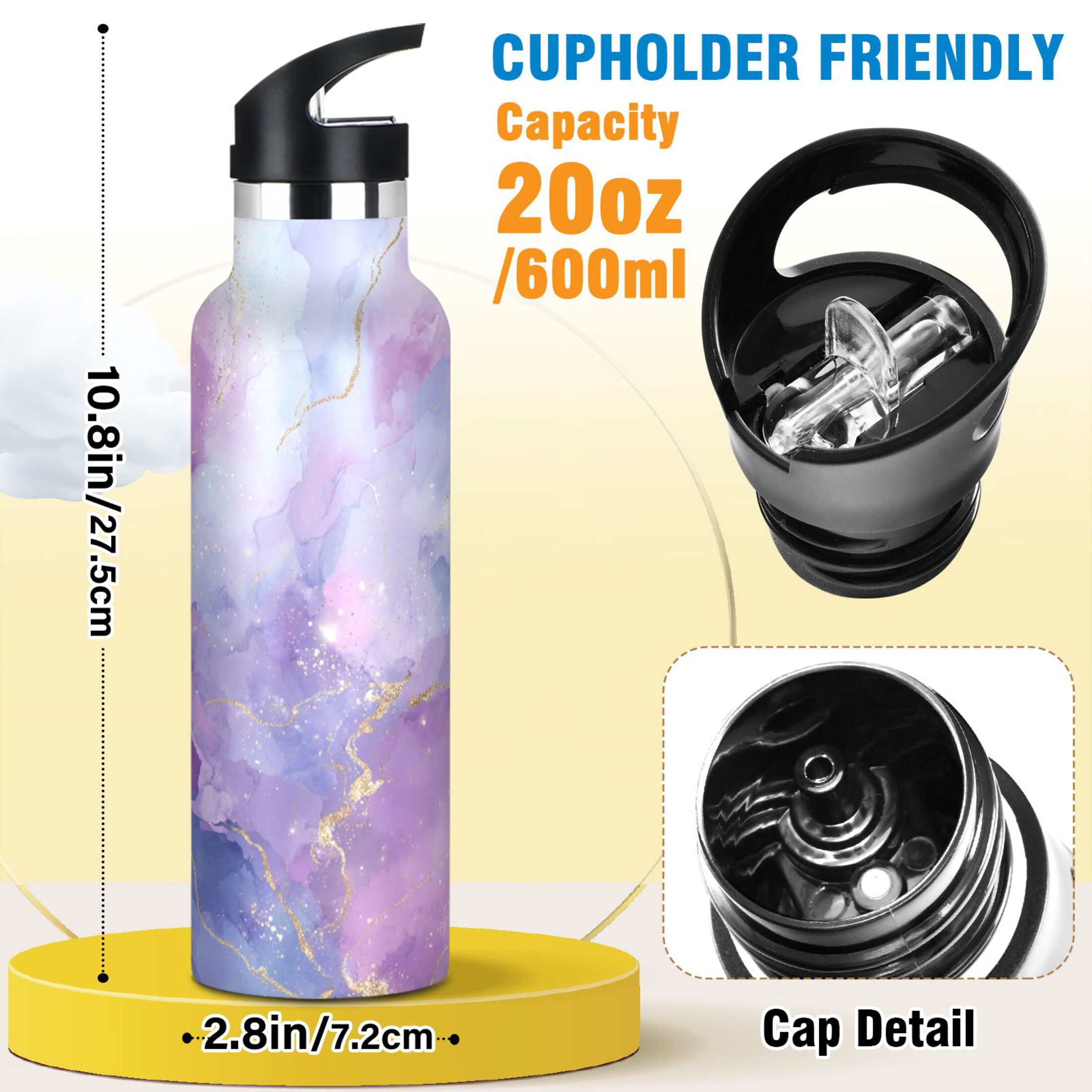 Kids Insulated Stainless Steel Sports Water Bottle 600ml (20oz) Pink and Blue Marble Texture