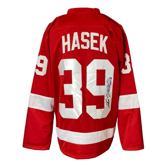 Dominik Hasek Detroit Signed Red Hockey Jersey HOF 14 Inscribed JSA