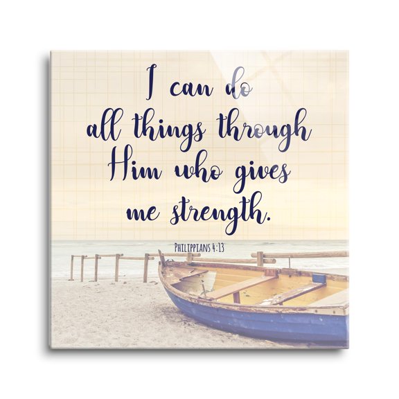 All Things Through Him Sand Beach Boat 12 x 12 Glass Wall Hanging Sign