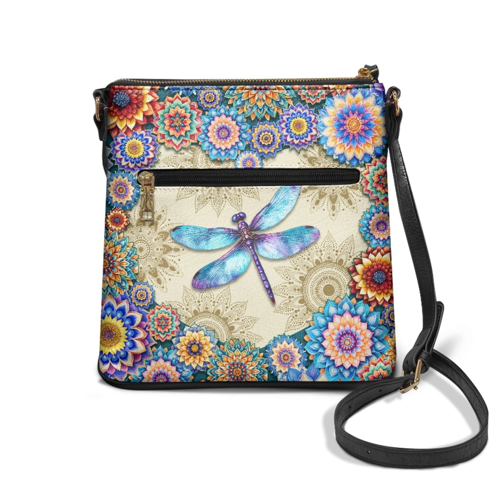 ZUXONGSY Boho Mandala Dragonfly Print Leather Crossbody Bags for Women Casual Messenger Bag Shoulder Purse Bag Waterproof Multiple Pockets Bag with Shoulder Strap for Dating Workout