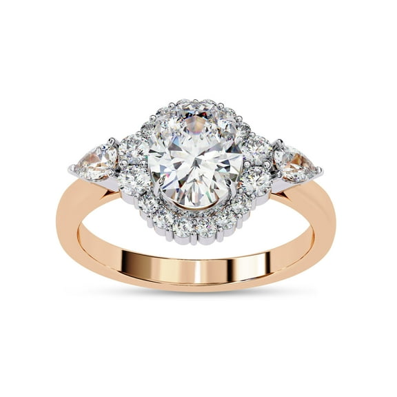IGI Certified Lab Grown Diamond Engagement Ring | Center 8x6mm Oval 3 Stone Halo Solitaire Anniversary Wedding Rings For Women 18K Solid Rose Gold | F-G, VS-SI Quality (1.55 Ctw) Size-9
