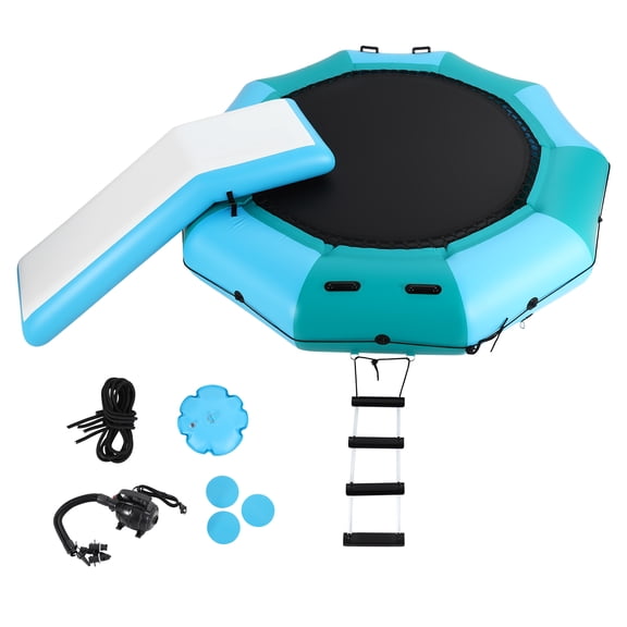 CazToi 10FT Inflatable Water Trampoline with Slide, Portable Bounce Swim Platform, Durable PVC Mesh