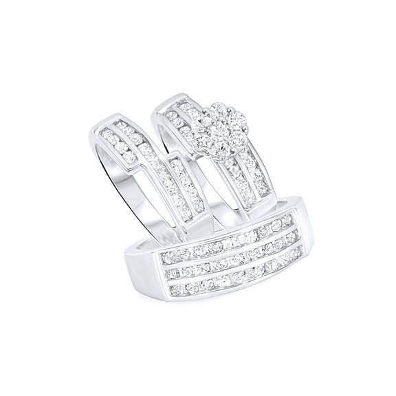 AFFY White Natural Diamond Wedding & Engagement Trio Band Ring Set In 10k White Gold (1.75 Cttw)