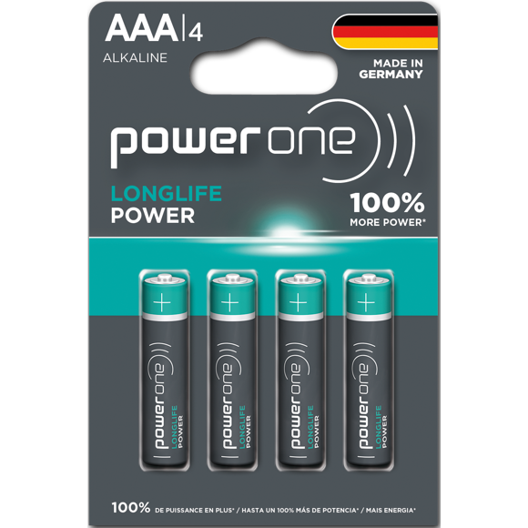 POWER ONE LONGLIFE POWER AAA Battery Pack of 4 Long Performing Alkaline Batteries Made in Germany With Up To 10 Years Shelf Life