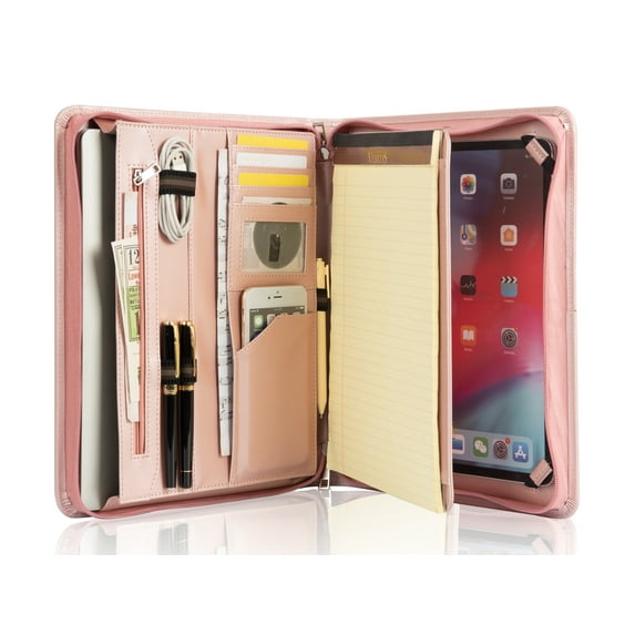 AZXCG Padfolio, Vegan Leather Portfolio Padfolios with A4 Notepad, Professional Resume Folder with Zipper, Business Pinfolio for iPad Pro 9.7/iPad Air 2/iPad Air, Corporate Gift, Pink