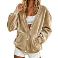 thumbnail image 2 of Stralyhd Thermal Fleece V Neck Open Coat Women Oversized Sweatshirt Daily Work Tops Fashion Early Winter Outfits Cardigans with Patch Pockets Khaki XXL, 2 of 5