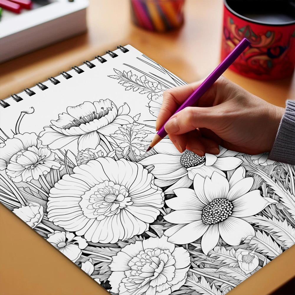 Netecom Wildflowers Coloring Book for Adults, Spiral Bound, Soft Cover