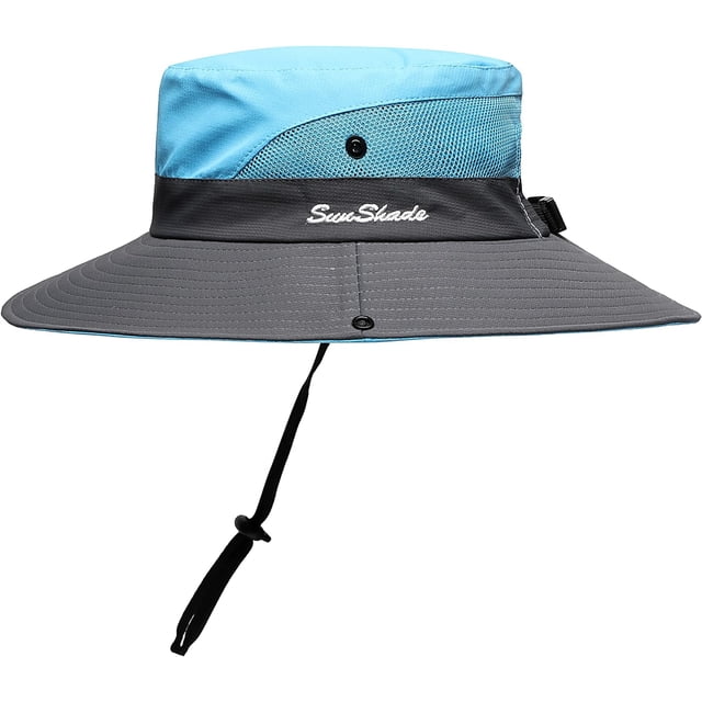 Womens Summer Sun Hat Beach Hat Wide Brim Outdoor UV Protection Hat Foldable Cool Mesh Ponytail Bucket Hat