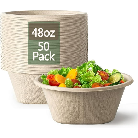 Large Disposable Bowl - Heavy Duty Paper Bowls Made from Sugarcane and Bamboo Fiber, Microwave Safe 48 Oz for Soup, Salad, Ramen, Popcorn, etc.[50/Pack]