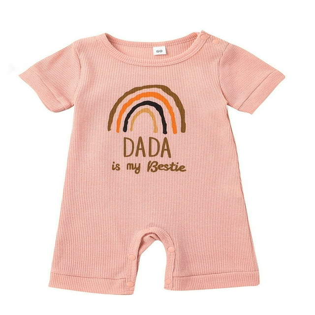 Baby Romper Letter Rainbow Print Crew Neck Short Sleeves Breathable with Bottom Snaps Jumpsuit