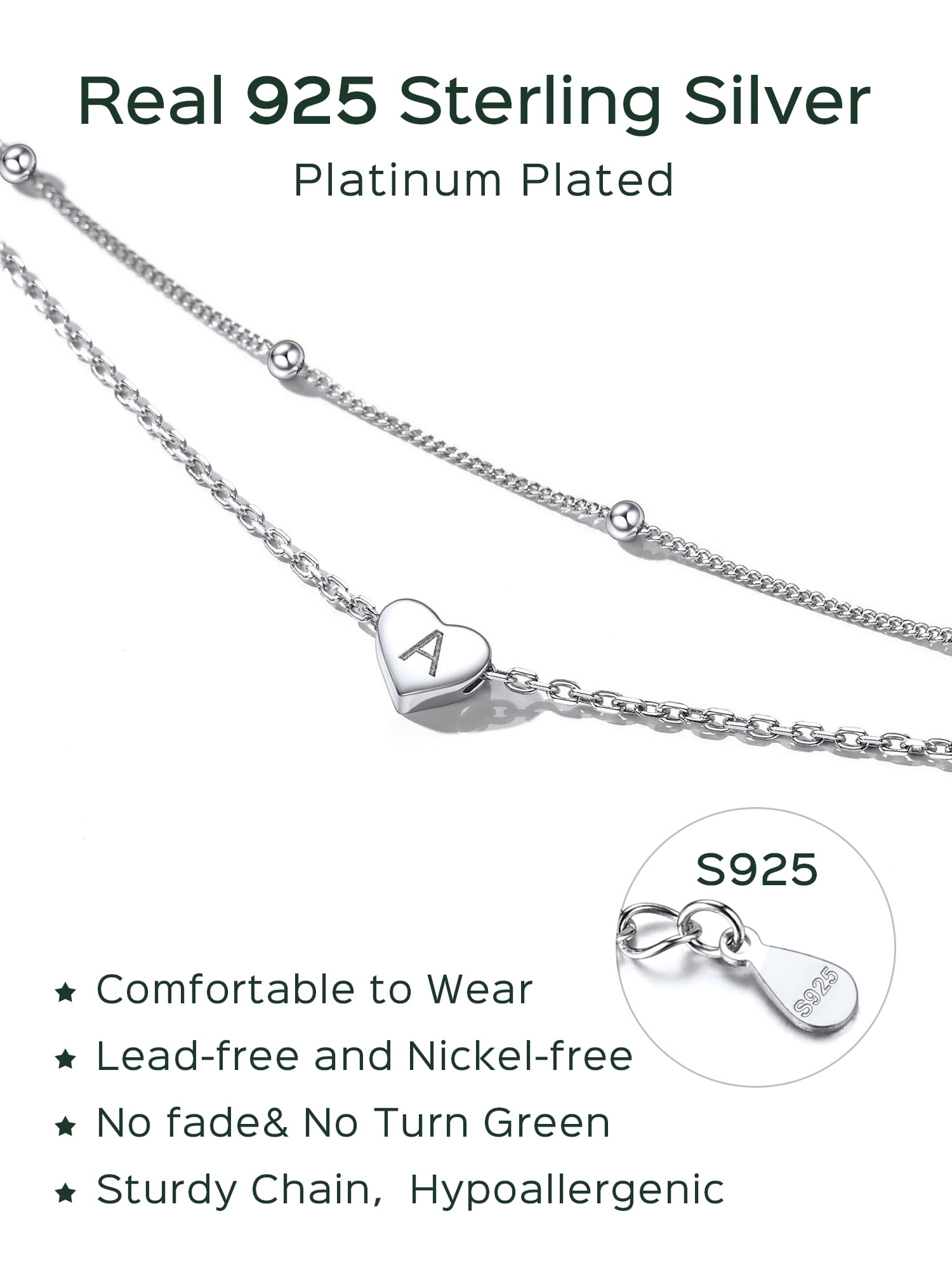 ChicSilver 925 Sterling Silver Layered Initial Anklet Bracelet Dainty Beaded Chain Anklet Adjustable 11" Waterproof Summer Beach Jewelry for Women