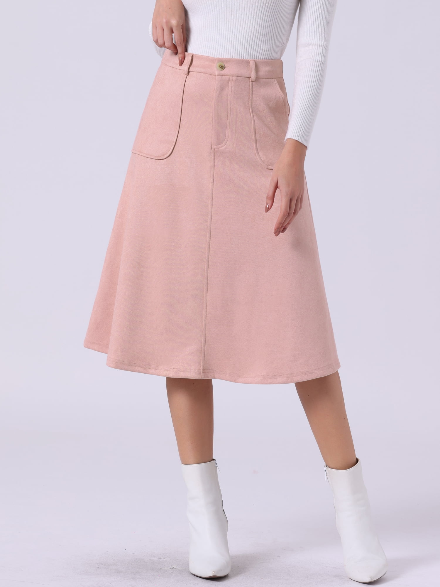 DARING DIVA Women's Casual Faux Suede Pockets Stretch A-line Midi Skirt XL Pink