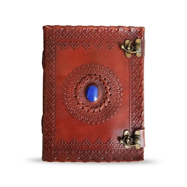 Jaald Handmade Large 8" Embossed Leather Journal Celtic two with latches and Blue Stone