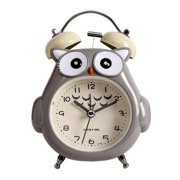 JUSTUP Kids Alarm Clock Cute Cartoon Owl Loud Bell Alarm Clock Non-Ticking Desk Clock with Night Light (Gray)