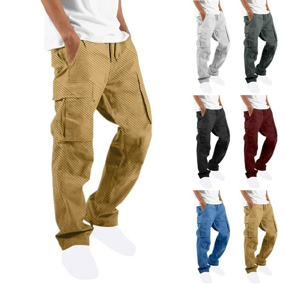 CFLVAEK Mens Cargo Pants Big and Tall Drawstring Elastic Waist Cargo Hiking Pant Casual Solid Wide Leg Workout Pants with Multi Pockets Black L