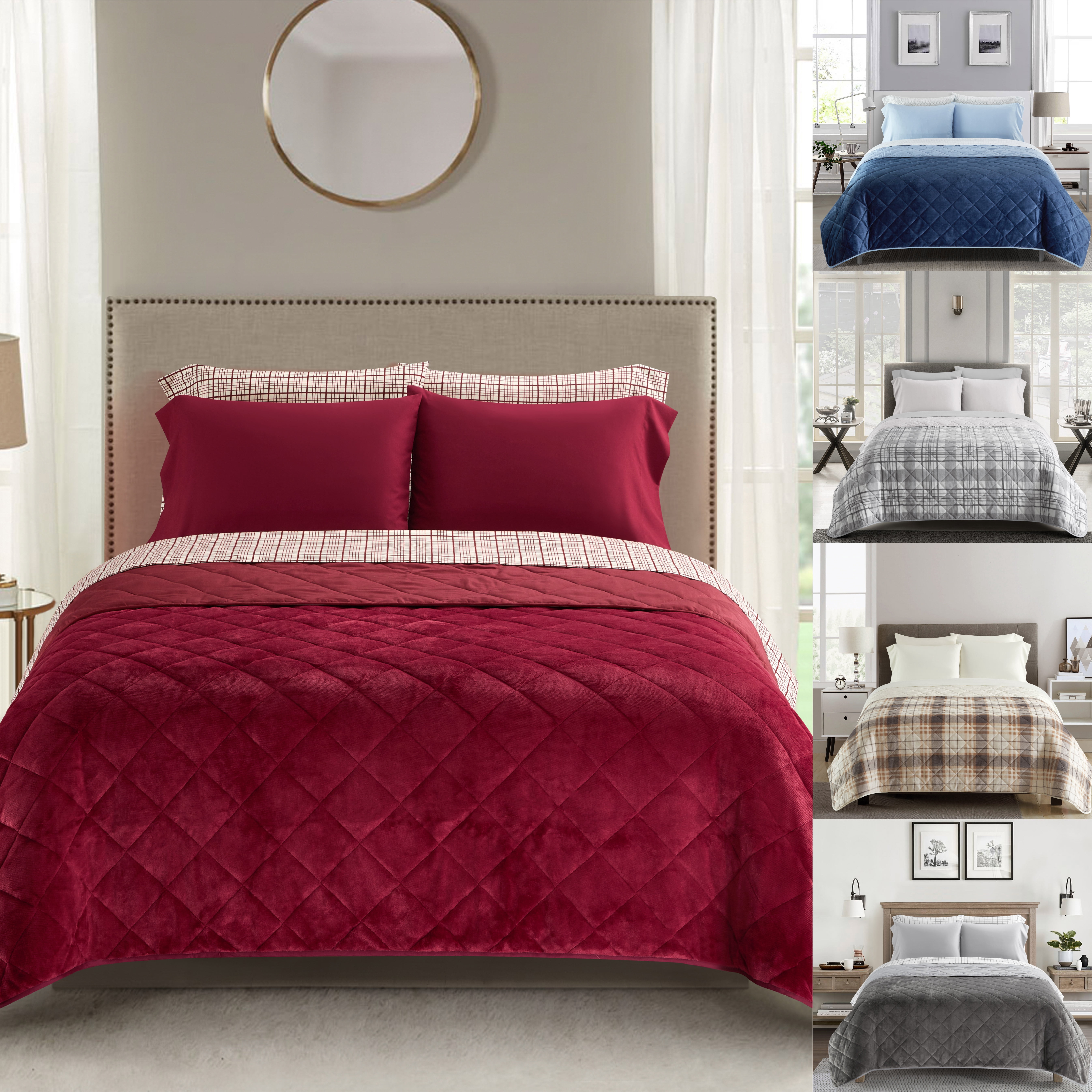 Dearfoams Burgundy Velvet Plush 7 Piece Quilt Bedding Set with Flannel Sheets, Queen
