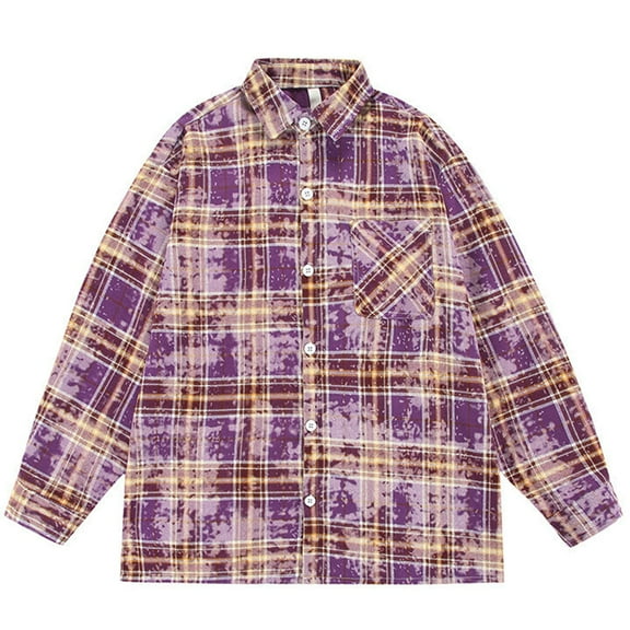 TFEOQRY Men's Plaid Print Shirt Long Sleeve Button Down Casual Distressed Patterned Shirt Jacket Purple