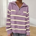 thumbnail image 2 of Arlun Womens Quarter Zip Striped Sweaters Casual V Neck Long Sleeve Knit Collared Pullovers Loose Fit Comfy 2025 Winter Fall Fashion Sweater Tops Purple One Size, 2 of 4