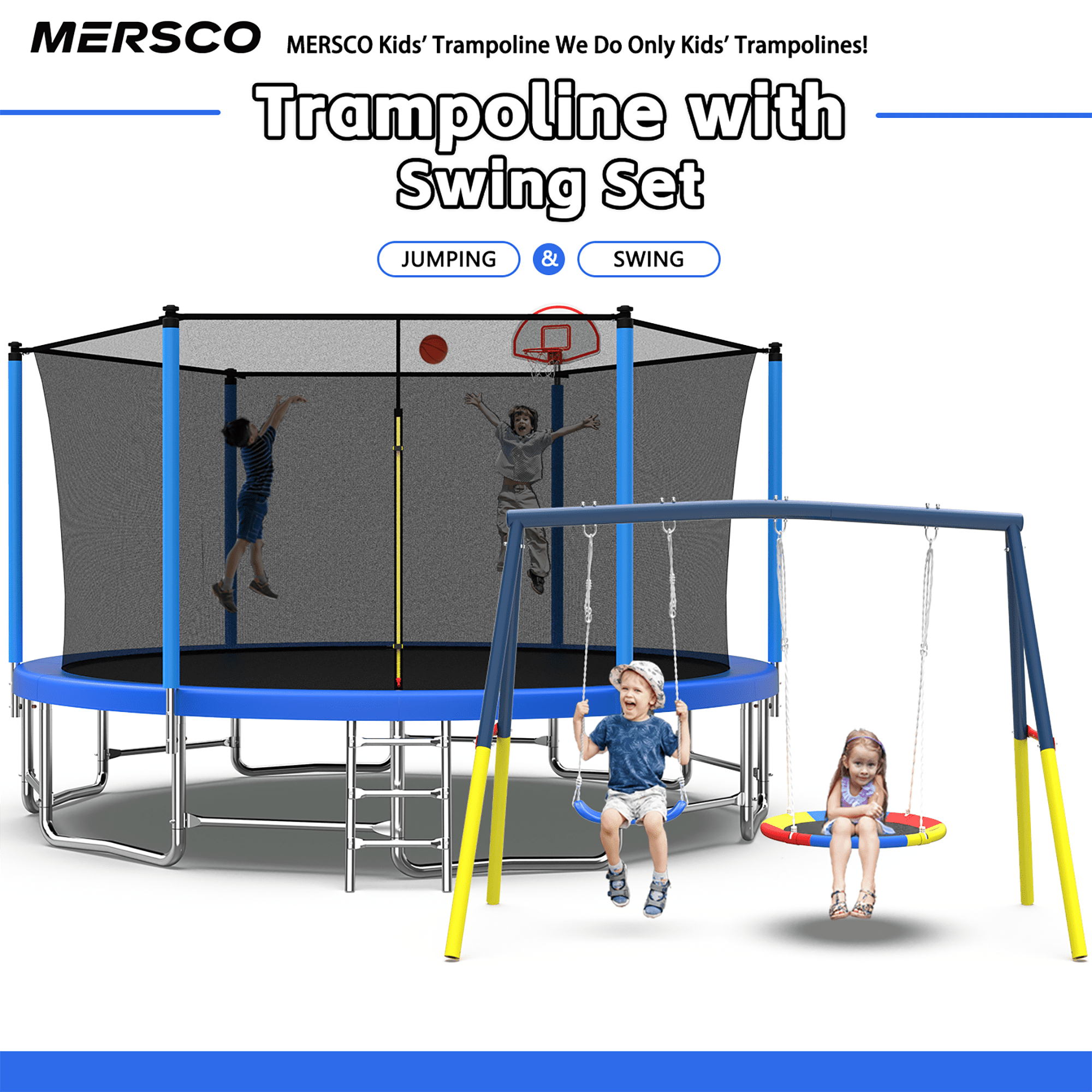 Mersco 15FT Heavy Duty Trampoline with Enclosure Net ,Swing Set Outdoor Big Trampoline for Backyard,Kids Trampoline with Basketball Hoop,Birthday and Holiday Gifts for Kids Jumping Trampoline,Blue