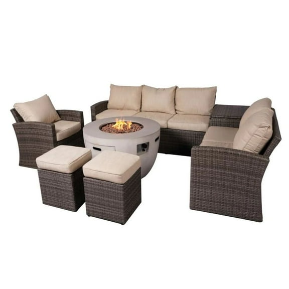 Abrihome 7-Piece Patio Gray Rattan Wicker Conversational Sofa Set with Fire Pit Table and Storage Box