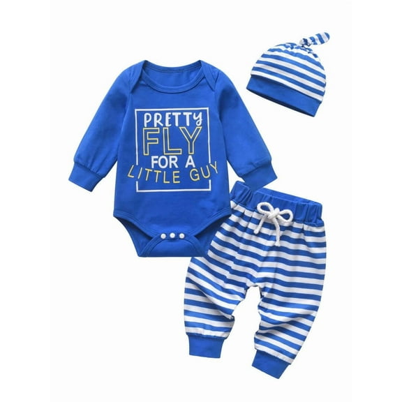 Infant Baby Boy Clothes Long Sleeve Letter Romper Stripes Long Pants with Hat Outfits Set Blue 0-3 Months