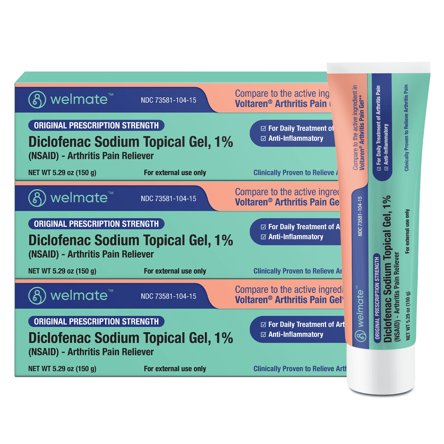 WELMATE Pain Reliever, 1% Diclofenac Sodium Topical Arthritis Gel, 150g (Pack of 3)