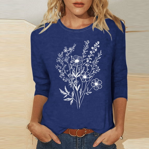 Viluyesy 3/4 Sleeves T-Shirt Women Round Neck Shirt Tops Fashionable Loose Blouse Blue Size 2XL