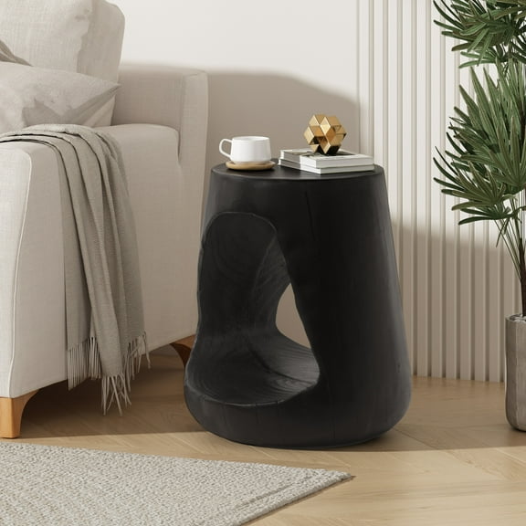 Hollow Side Table, Modern End Table with Wide Pedestal & Tabletop, Wood-Like Texture Accent Side Table for Living Room, Bedroom, Black