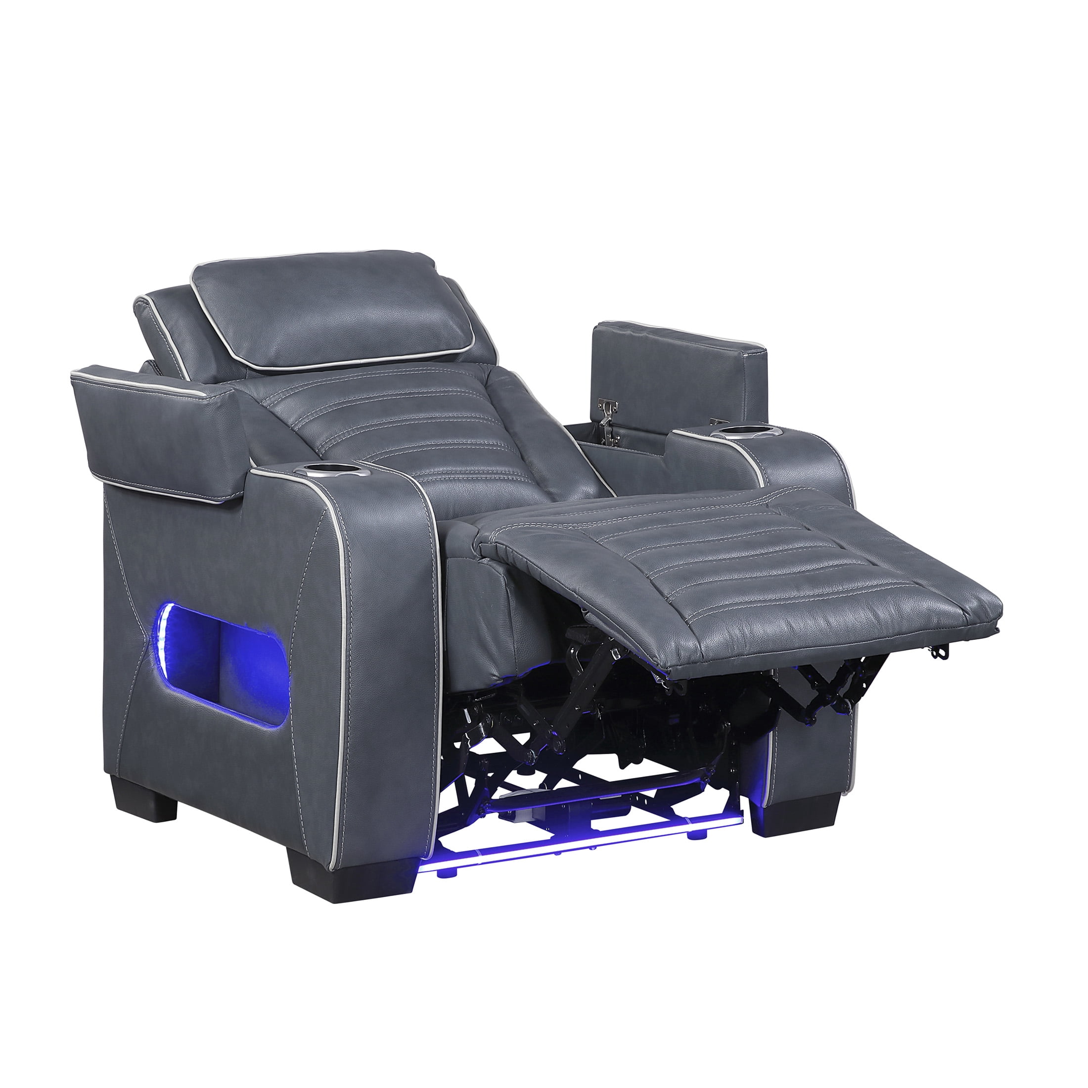 OakvillePark Elantra Leather Match Power Reclining Chair with Power Headrest/Cup holder/Storage Arms/Air Massage/Heat/LED Lighting and Charging Port, Blue