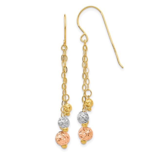 14k Tri Color Gold Diamond Cut Beads Dangle Earrings Drop