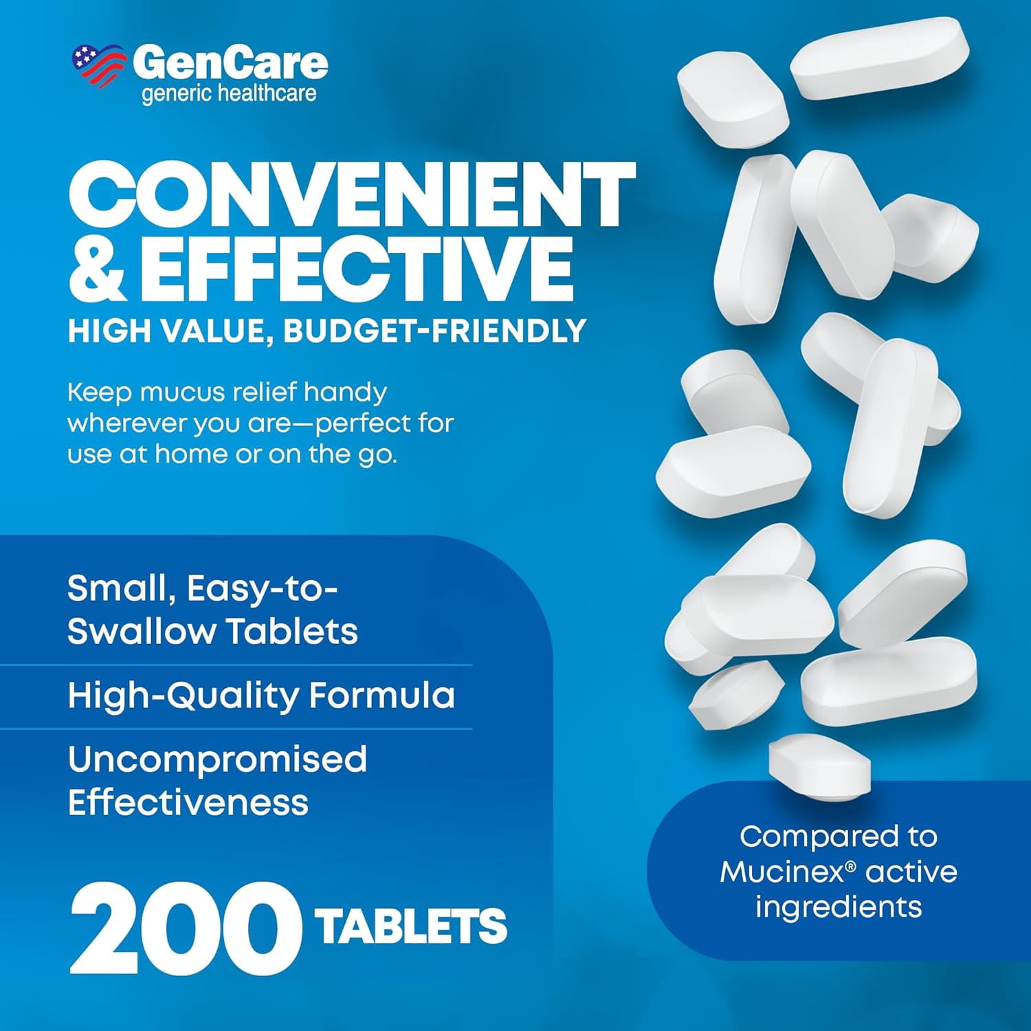 GenCare Mucus Relief Expectorant Guaifenesin 400 mg for Congestion and Flu, 200 Tablets