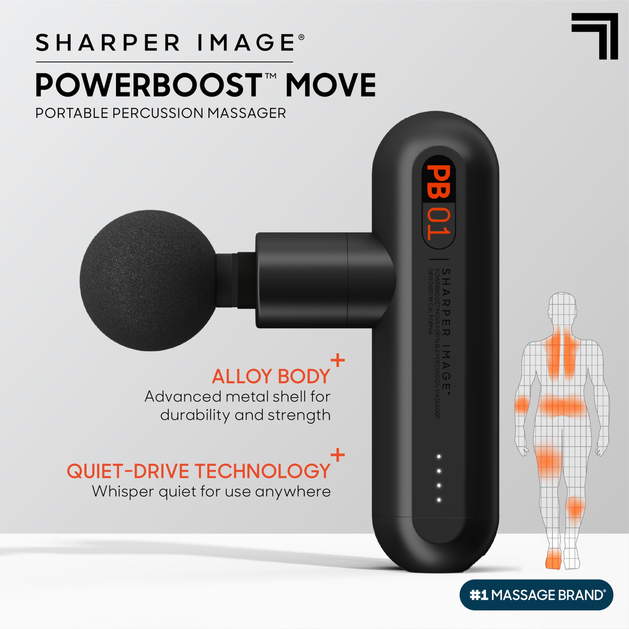Sharper Image® Powerboost Move® Deep Tissue Portable Percussion Massager, Massage Gun w/ 4 Attachments, Whisper Quiet Operation, Variable Strength Full Body Recovery, Rechargeable