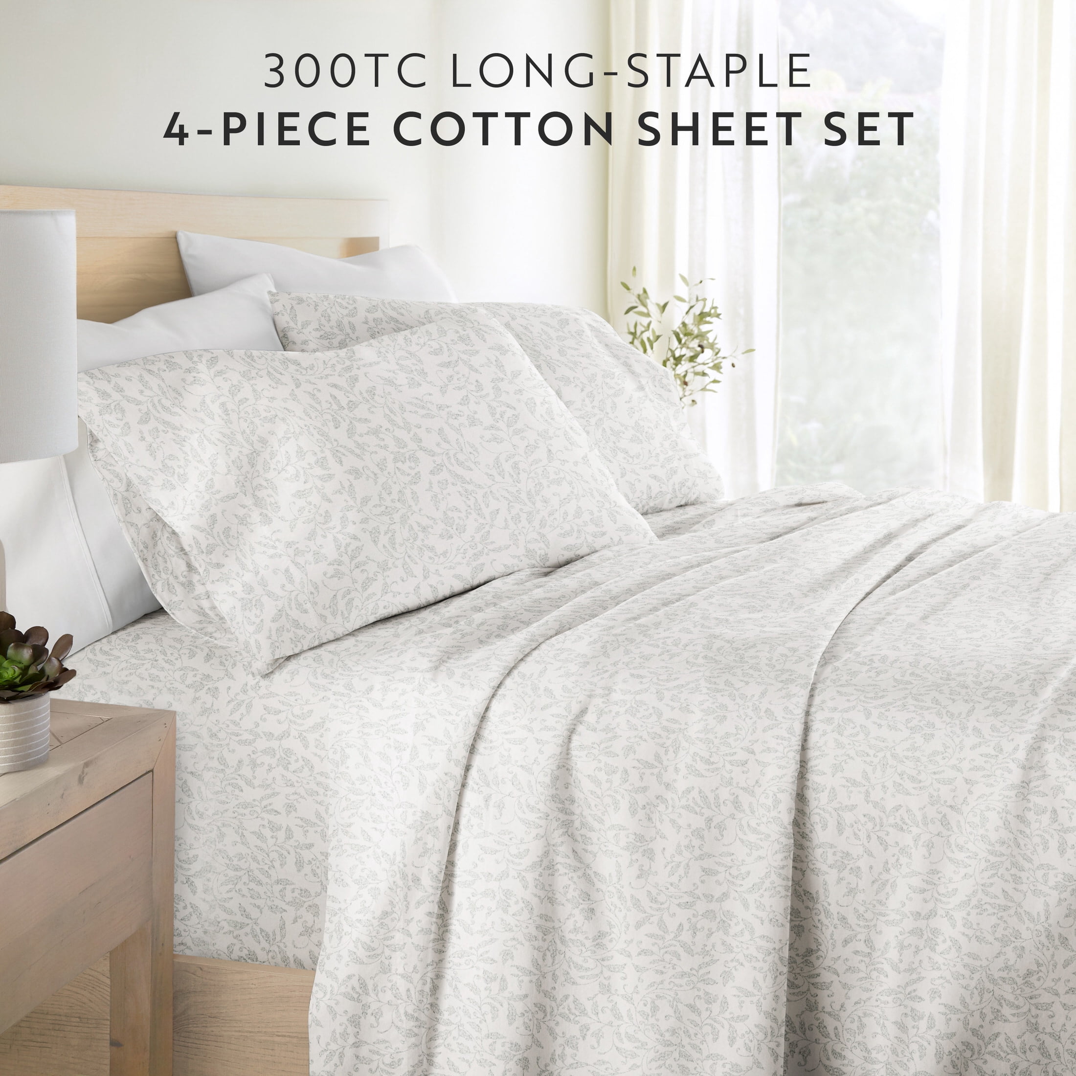 Noble Linens 4 Piece 300TC Cotton Printed Sheets, Romantic Vines Eucalyptus, Full
