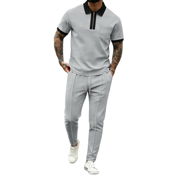 Gytharion Men's 2 Piece Classic Walffe Sets Turn-down Collar Zippered Short Sleeve Tops with Drawstring Long Pants Sets Soild Color Casual Outfits