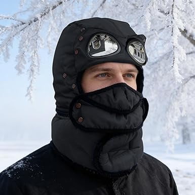 Winter Thermal Trapper Hat with Goggles & Face Mask, Full Coverage Pilot Style Ski Hat for Men & Women – Windproof Cold Weather Hat for Skiing(1pcs-black)