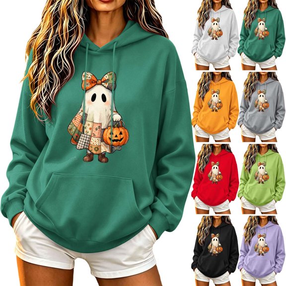 Halloween Pullover Hoodies for Women Spooky Season Long Sleeve Loose Fit Sweatshirts with Pocket Fall Funny Cute Graphic Casual Tops