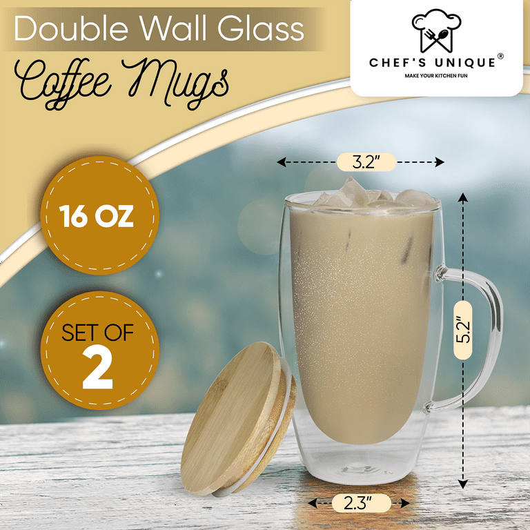 Birchland Double Wall Glass Coffee or Tea Mug with Lid 16 oz.  Travel Coffee Mug, Insulated Coffee Tumbler Set of 2: Tumblers & Water  Glasses