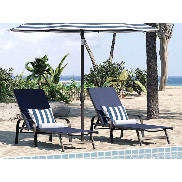 Outdoor Lounge Chairs – Set of 2 Ergonomic Adjustable – 5-Position Reclining Patio Chaise – Breathable Textilene, Weather-Resistant Iron Frame – for Garden, Poolside, Balcony & Backyard– Navy