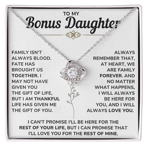 To My Bonus Daughter Necklace – Meaningfulfrom Mom or Dad | Stepdaughter Heart Necklace with Message Card | Family Love Jewelry, White Love Knot Necklace