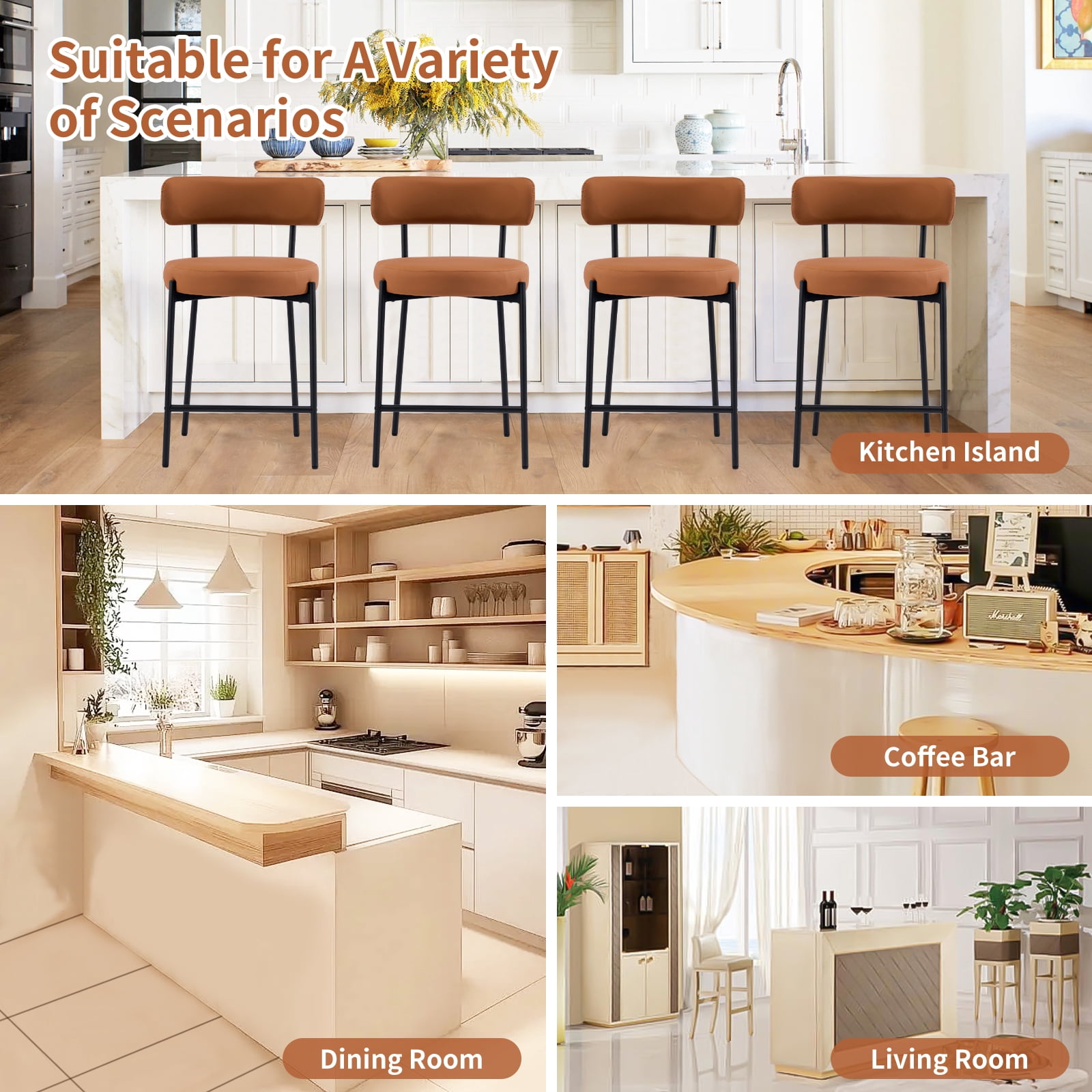 Furniliving Bar Stools Set of 2, Modern Counter Height Bar Stools with Back, Upholstered Bar Height Barstools for Kitchen Counter/Home Bar/Dining Room, Faux PU-Brown