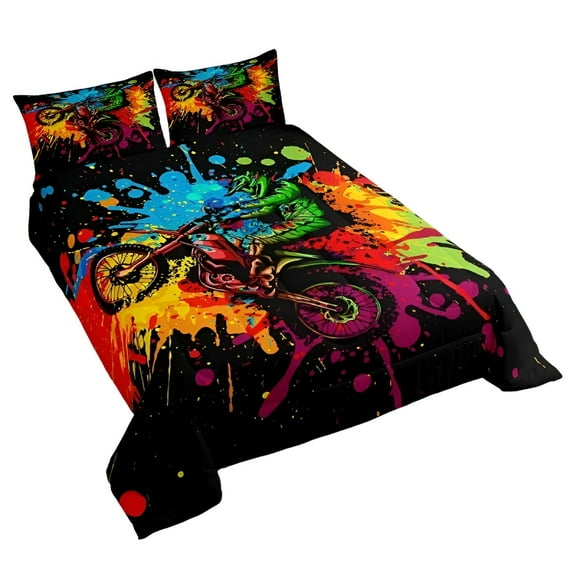 AUQ Motocross Bedding Sets for Boys Twin Size Motorcycle Racer Comforter Set Extreme Sport Tie Dye Down Comforter Dirt Bike Motor Vehicles Biker Duvet Insert 2Pcs for Kids Car Game Room Decor