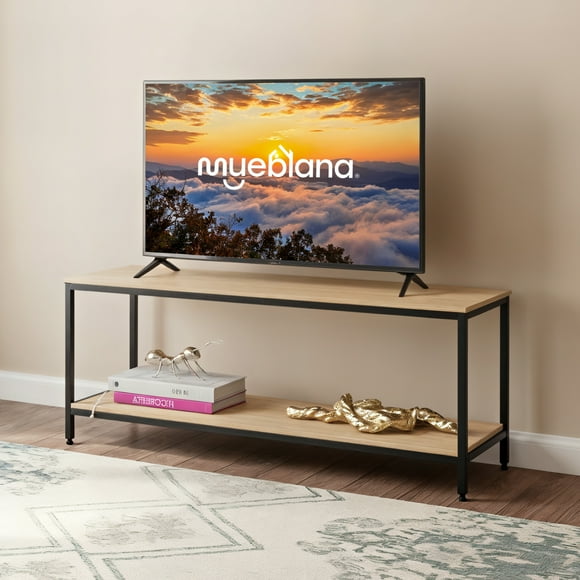 Mesa para TV Madera y Acero Minimalista Centro de Entretenimiento Mueble Organizador Moderno 2 repisas Color Nogall Mueblana