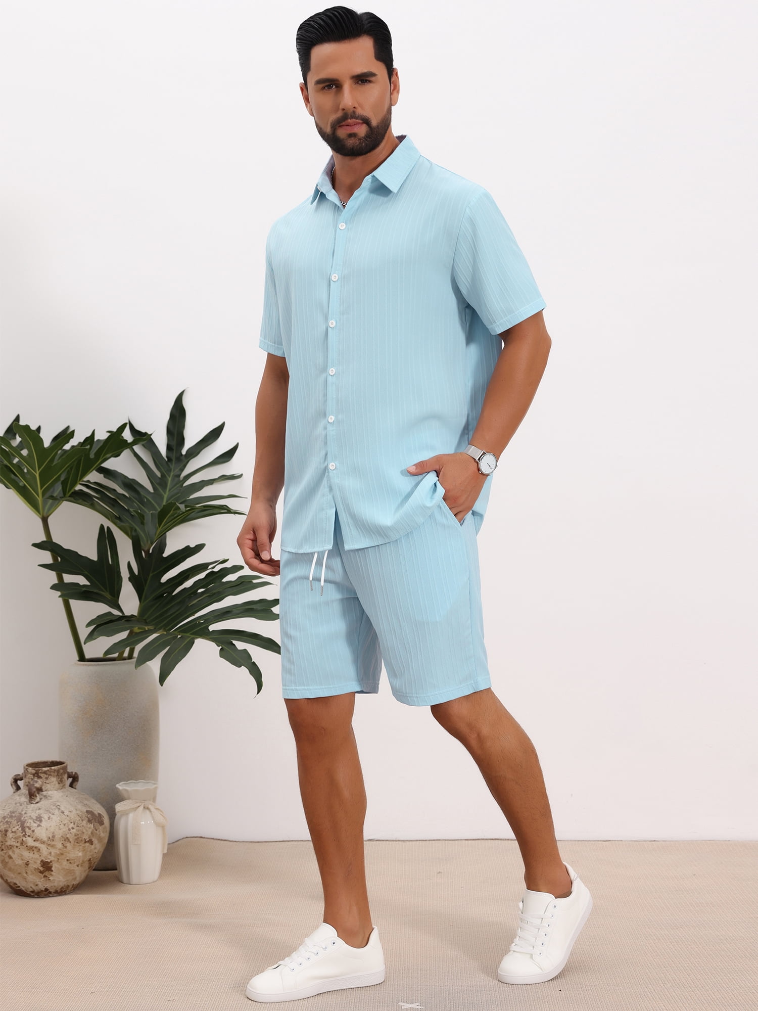 DARING DIVA Men's 2 Pieces Beach Shirt & Shorts Striped Textured Outfits L Light Blue