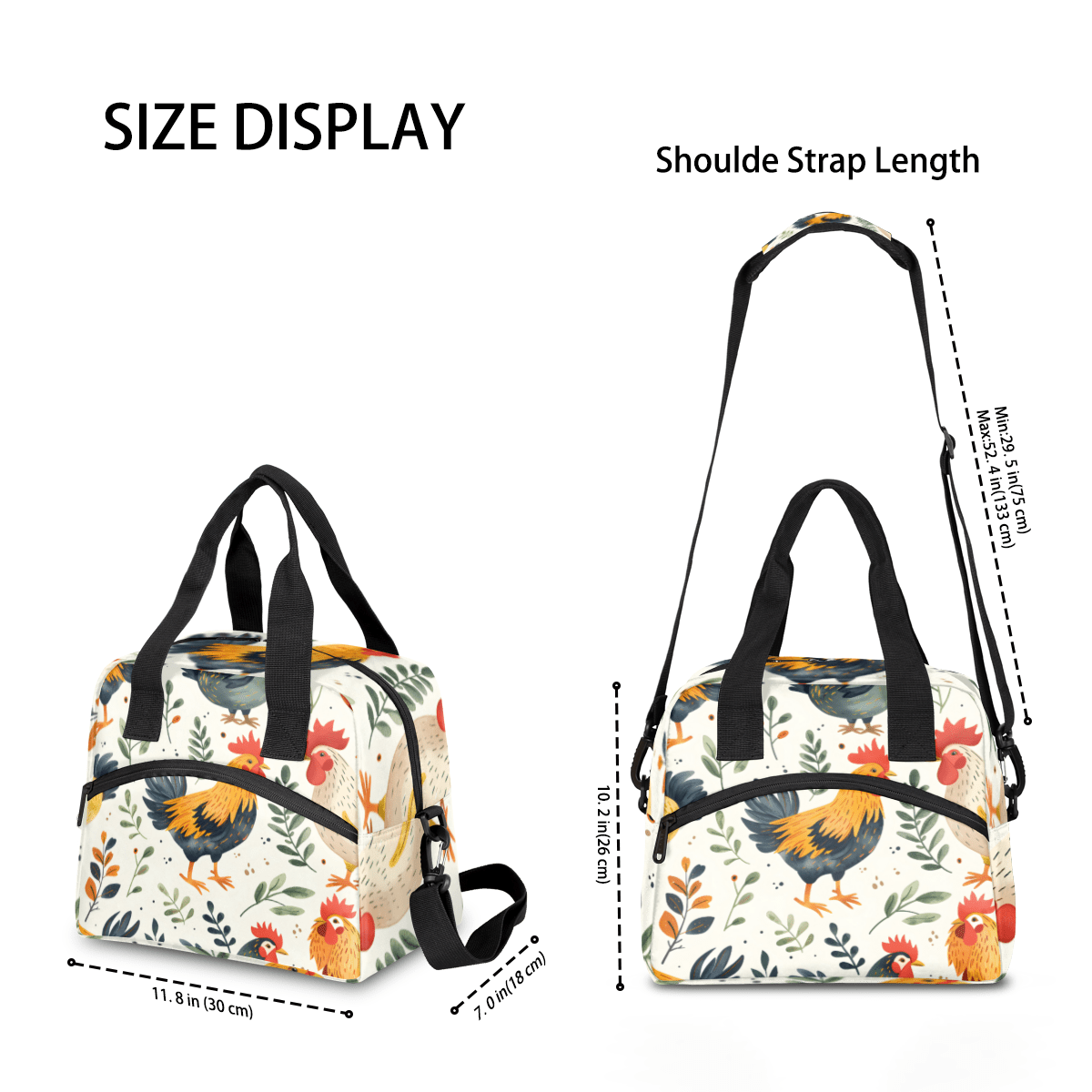 Herdesigns Rooster Insulated Lunch Bag for Women Men Adults Large Reusable Lunch Box Chicken Leakproof Cooler Tote Bags with Adjustable Shoulder Strap