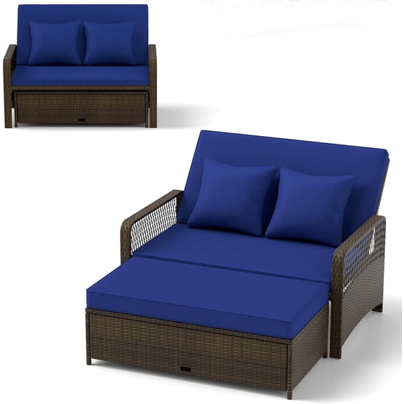 RELAX4LIFE Wicker Patio Outdoor Daybed - Rattan Sunbed Loveseat Sofa Set w/4-Level Adjustable Back, Cushions & Pillows, Storage Ottoman, 2-Person Bed Lounger for Backyard Porch, Patio Daybed (Navy)