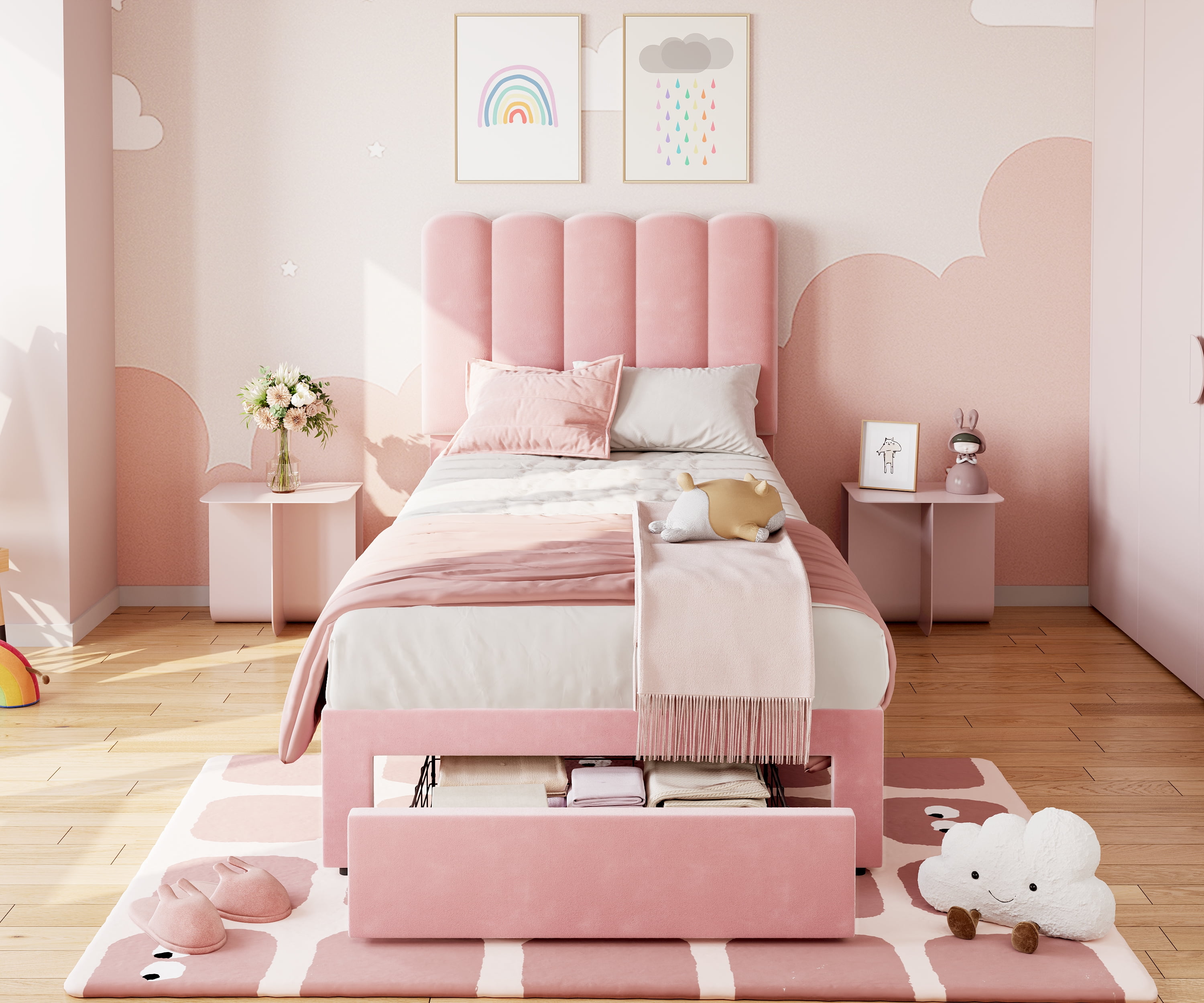Towallmark 2025 New Twin Bed Frame with Under-Bed Drawer, Low Profile Upholstered Platform Bed with Wave Headboard, Wooden Slats Support, Flannel Pink