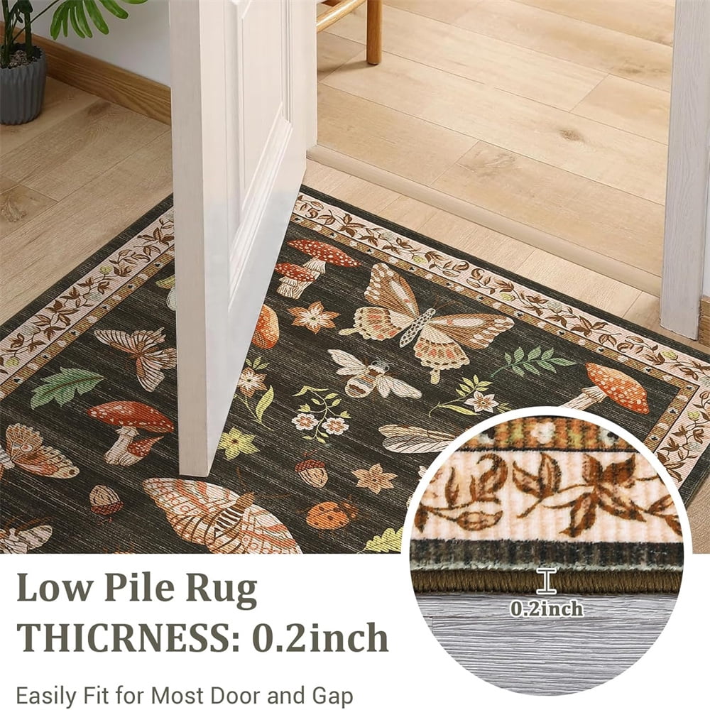 Washable Runner Rug Modern Insect Floral Print Area Rug Mushroom Carpet for Kitchen Stain Resistant Carpet with Non-Slip Backing Low Pile Floor Cover for Hallway Laundry Bedroom
