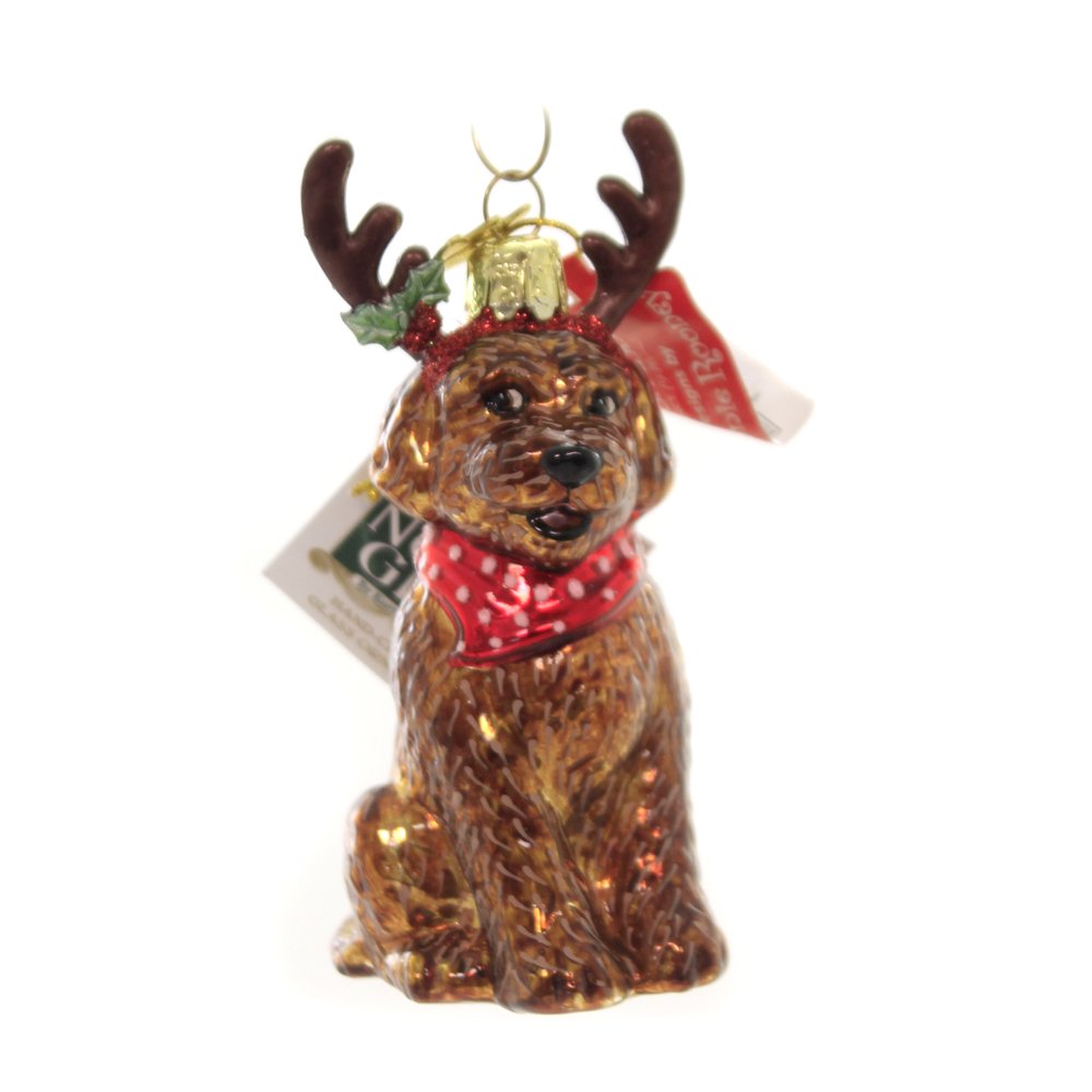 Holiday Ornament Dog With Antlers. Glass Christmas Puppy