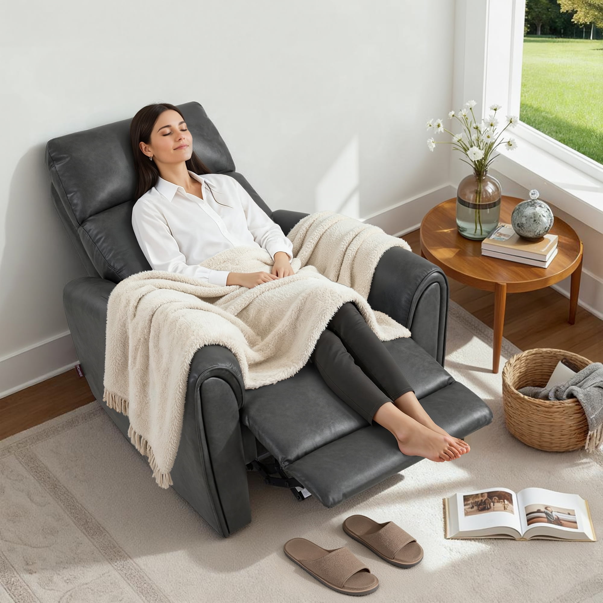 MCombo Zero Wall Hugger Power Recliner Chair for Small Spaces, FSC Certified, Faux Leather, Dark Grey