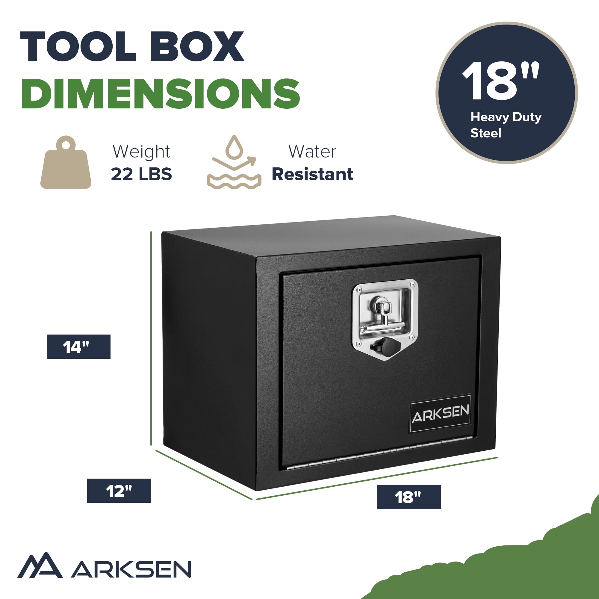 ARKSEN 18 x 12 x 14 Inch Steel Underbody Truck Tool Box, Heavy Duty Waterproof Metal Square Storage Chest with Lock & Keys for Pickup Trucks & Trailers, Black